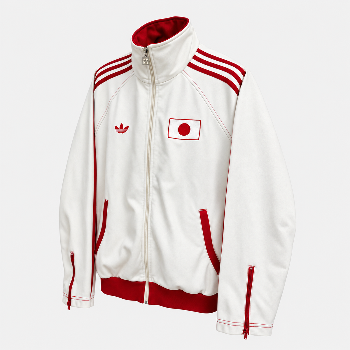 Jaqueta Adidas Japan branca e vermelha, vista em três quartos